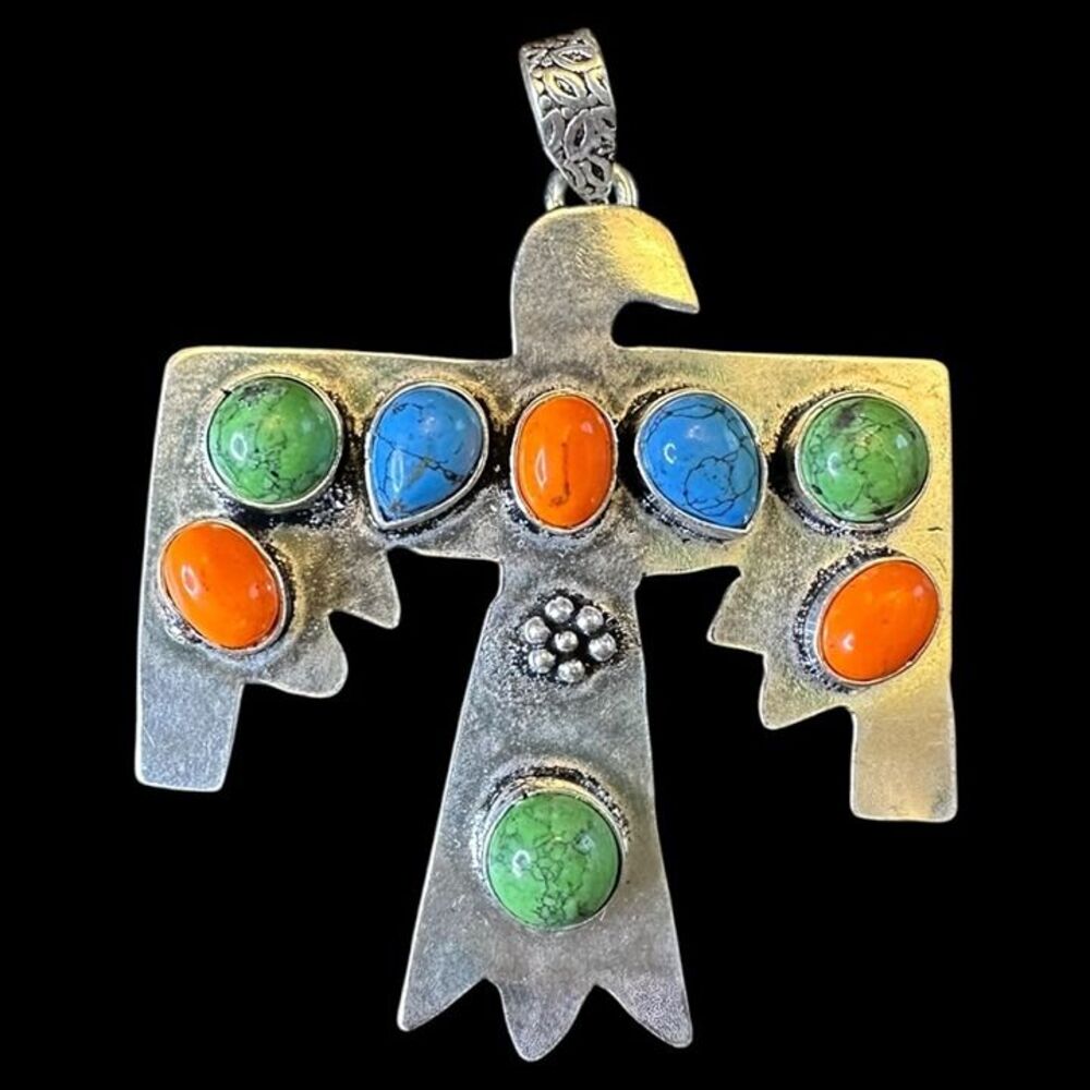 Green Gaspeite, Turquoise, Spiny Oyster 8 Stone Thunderbird .925 Overlay Pendant